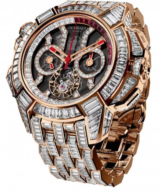 Jacob & Co Replica watch EPIC X CHRONO BAGUETTE ROSE GOLD BLACK CRYSTAL BRACELET EC380.40.BD.BD.A40BD